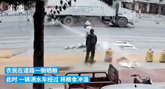 农民马路晒粮被洒水车喷水打湿